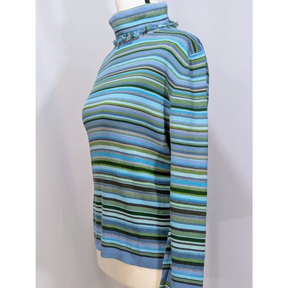 Ingrid Olsen Striped Knit Turtleneck Sweater Large Blue Green Ribbed Fringe Trim - Picture 5 of 9